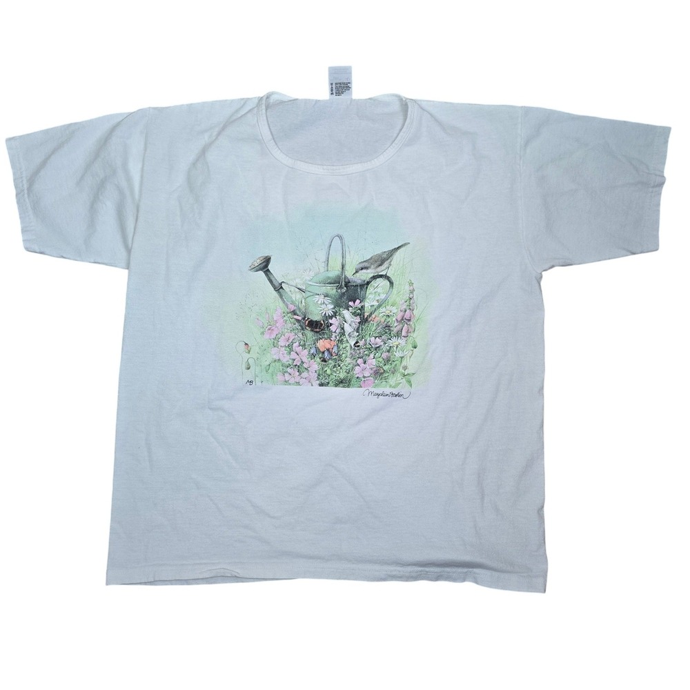 Vintage Marjolein Bastin Anvil T Shirt Large White Floral Gardening Bird Graphic